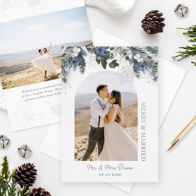 Merry and Married Blue Winter Greenery Photo Foil Holiday Card (Creator Uploaded)