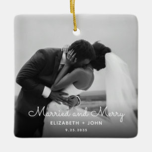 Merry and Married Calligraphy Newlyweds Modern Ceramic Ornament
