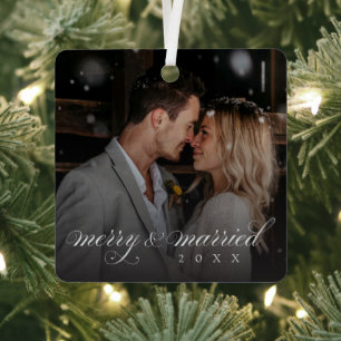 Merry and Married Custom Photo Newlywed Christmas Metal Ornament
