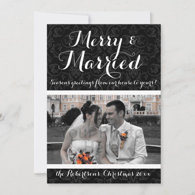 Merry and Married Damask Holiday Photo (Front)