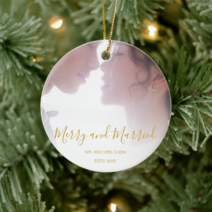 Merry and Married Elegant Gold Text Newlywed Photo Ceramic Ornament
