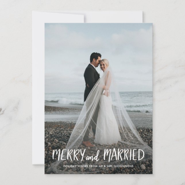 Merry And Married | First Couple Christmas Photo Holiday Card (Front)