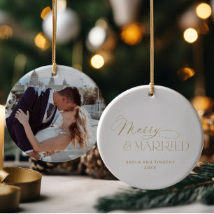 Merry and Married Gold Christmas  Ceramic Ornament