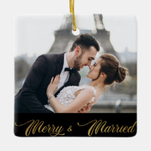 Merry and Married Gold Script Newlywed Ornament