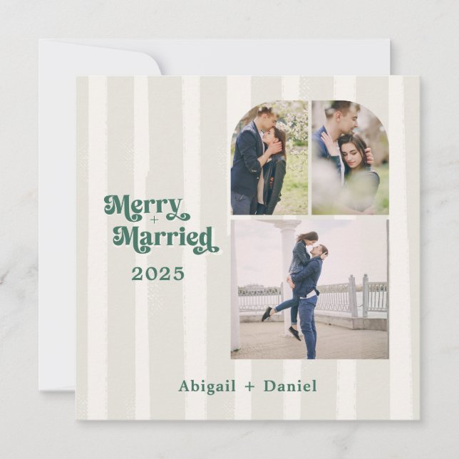 Merry and Married Hand Drawn Frame Photo Wedding Holiday Card (Front)