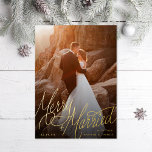 Merry and Married Hand-Lettering Photo Foil Holiday Card<br><div class="desc">Original hand-lettering over full bleed photo; backer colour is editable or add more photos and text.</div>