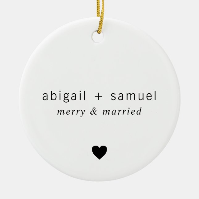 Merry and Married Minimalist Heart Newlywed Photo Ceramic Ornament (Front)