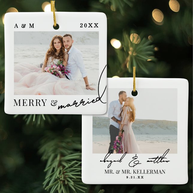 Merry And Married Minimalist Photo Ceramic Ornament (Merry And Married Minimalist Photo Ceramic Ornament )
