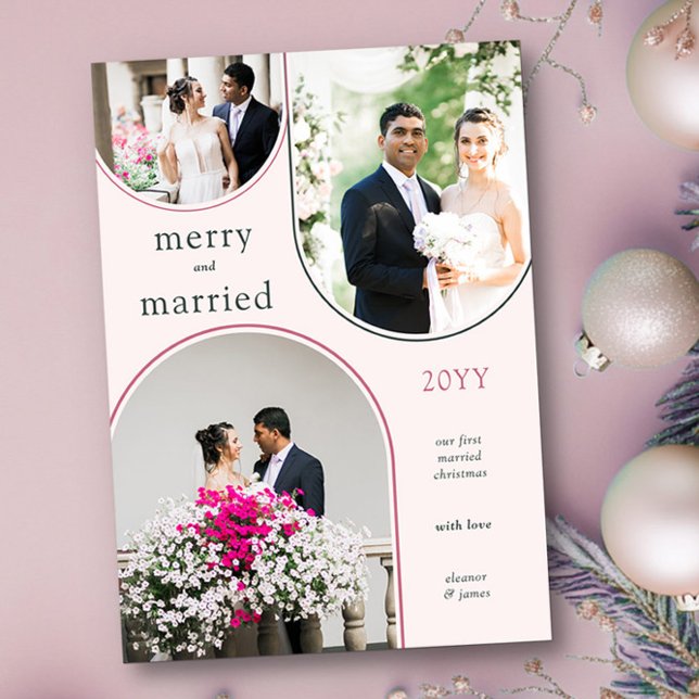 Merry and Married Modern Arch Newlywed 3 Photo Holiday Card (Merry and Married Christmas Photo Card by Darling & May)