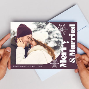 merry and married modern arch photo dark red holiday card
