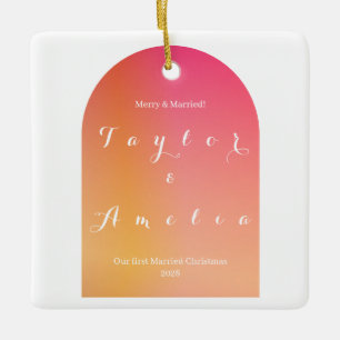 Merry and Married Modern Boho Arch Christmas Ceramic Ornament