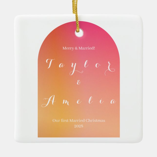 Merry and Married Modern Boho Arch Christmas Ceramic Ornament (Front)
