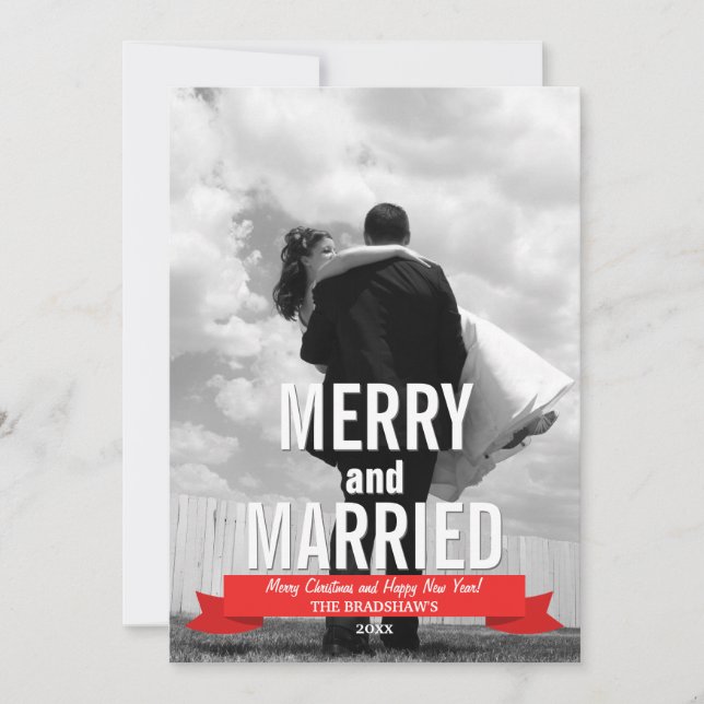 Merry and Married Modern Ribbon Holiday Photo Card (Front)