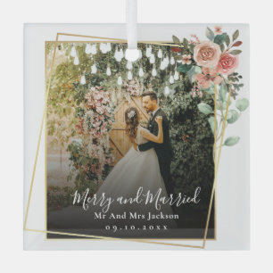Merry and Married Newleyweds Christmas Floral Glass Ornament