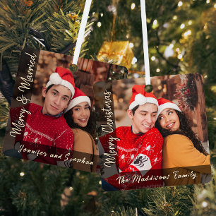Merry and Married Newlywed Couple Christmas Photos Metal Ornament