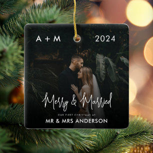 Merry and Married Newlywed First Christmas Photo Ceramic Ornament