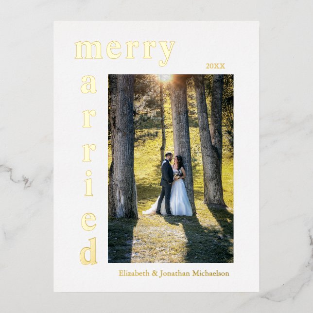 Merry and Married Newlywed Photo Christmas Foil Holiday Postcard (Front)