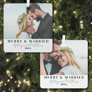 Merry And Married Newlyweds Christmas Photo Metal Ornament