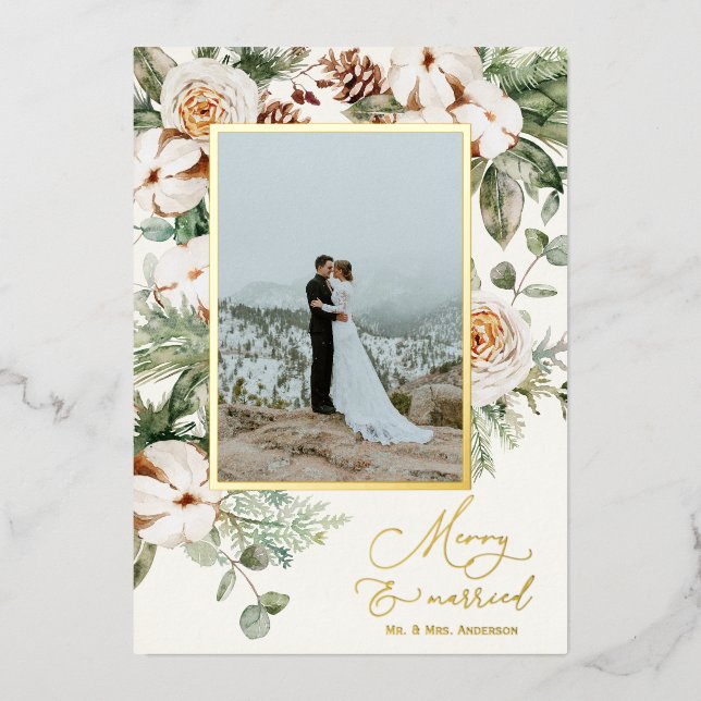 Merry and Married Newlyweds Holiday Photo Foil Inv (Front)