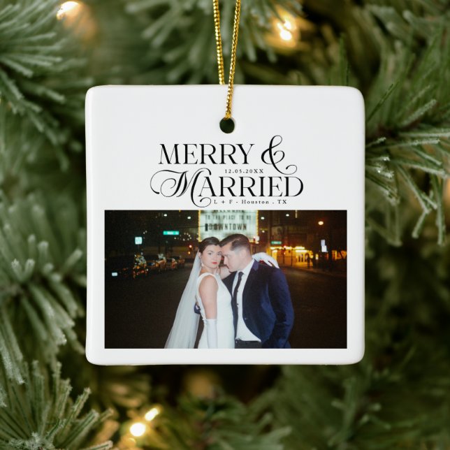 Merry and Married Newlyweds Photo First Christmas Ceramic Ornament (Tree)