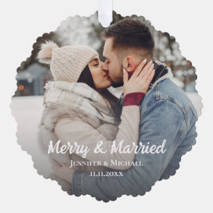 merry and married newlyweds photo simple minimal ornament card