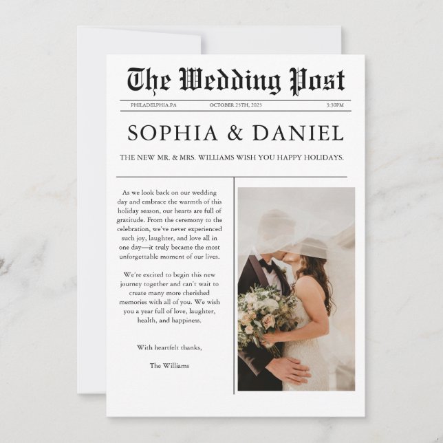 Merry and Married Newspaper Photo Christmas Card (Front)