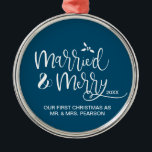 "Merry and Married" Personalized First Christmas O Metal Ornament<br><div class="desc">Celebrate your first Christmas as newlyweds with the "Merry and Married" Personalized First Christmas Ornament. This ornament is a delightful way to mark this special milestone in your life as a couple. Personalize the ornament with your names and the date of your first Christmas together, creating a cherished keepsake that...</div>