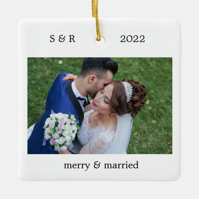 Merry and Married Personalized Photo Ceramic Ornament (Front)