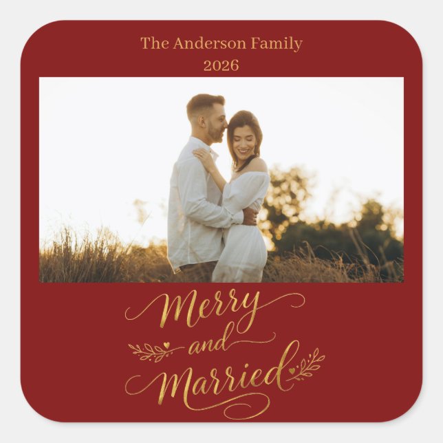 Merry and Married Personalized Wedding Christmas Square Sticker (Front)