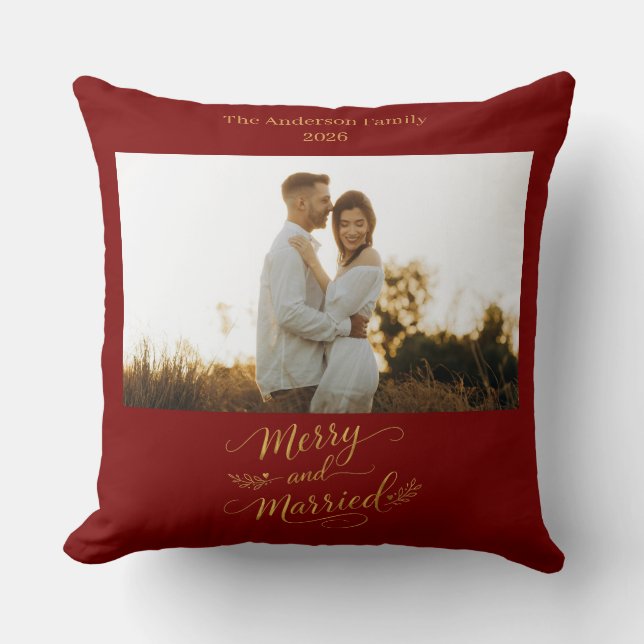 Merry and Married Personalized Wedding Christmas Throw Pillow (Front)