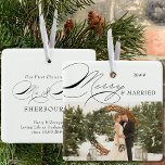 Merry and Married Photo and Mr and Mrs Calligraphy Ceramic Ornament<br><div class="desc">Merry & Married Christmas photo ornament which you can personalize with your favourite photo and persoanlized wording. Elegant typographic design with swirly calligraphy and easy to edit for a married couple. This holiday ornament is lettered with Merry & Married on one side and editable text on the other. The sample...</div>