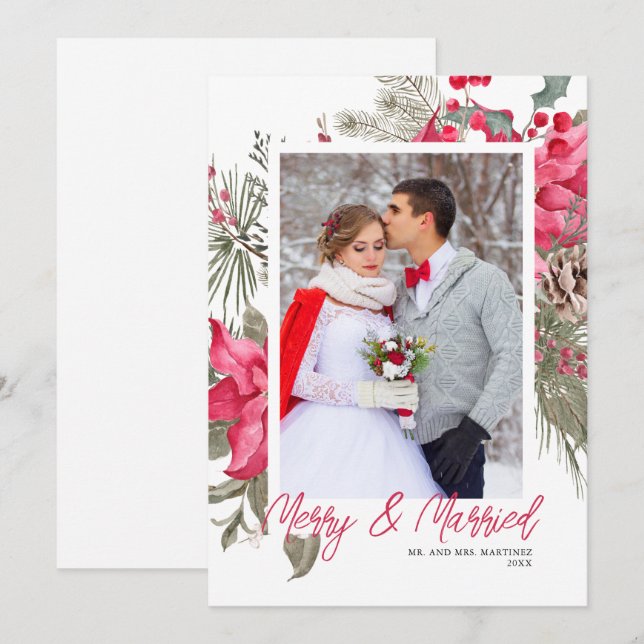 Merry and Married Photo Red Poinsettia Christmas Holiday Card (Front/Back)