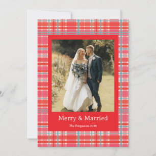 Merry and Married Red and Pink Plaid Christmas Holiday Card