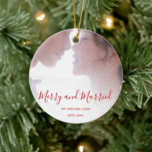 Merry and Married Red Newlywed Elegant Ceramic Ornament