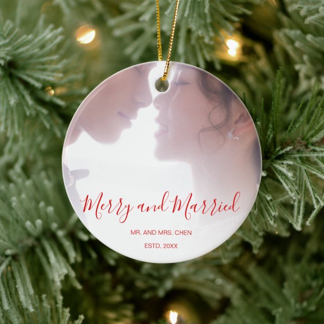Merry and Married Red Newlywed Elegant Ceramic Ornament (Tree)