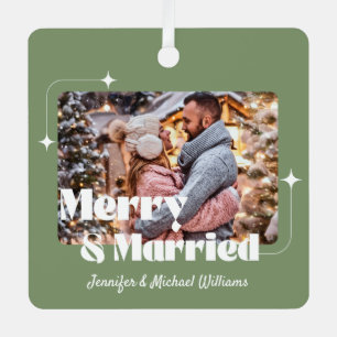merry and married retro calligraphy photo green metal ornament
