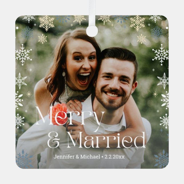 merry and married, retro script newlyweds photo  metal ornament (Front)