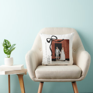 Merry and Married Script 2 Photos Christmas Bow Throw Pillow