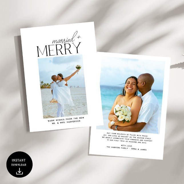 Merry and Married Script Photo Christmas Newlyweds Holiday Card (Creator Uploaded)