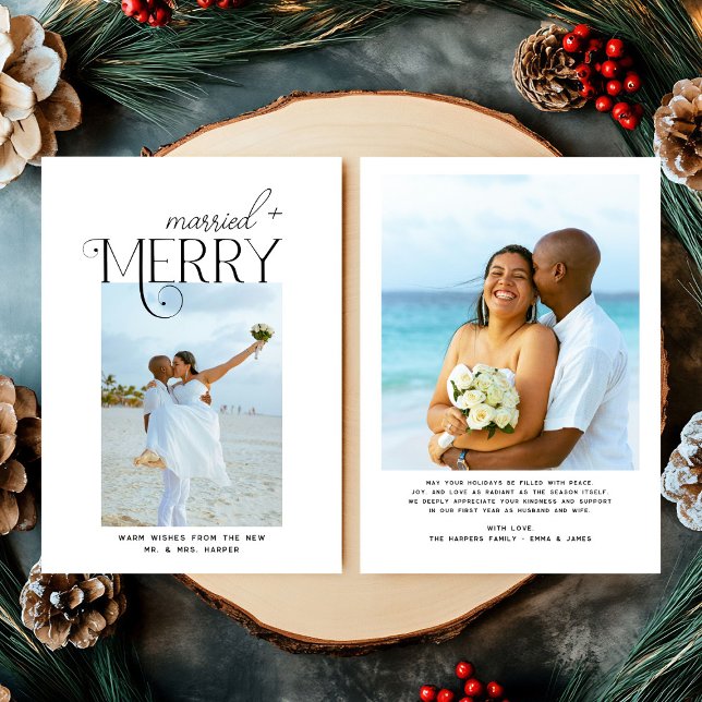 Merry and Married Script Photo Christmas Newlyweds Holiday Card (Creator Uploaded)