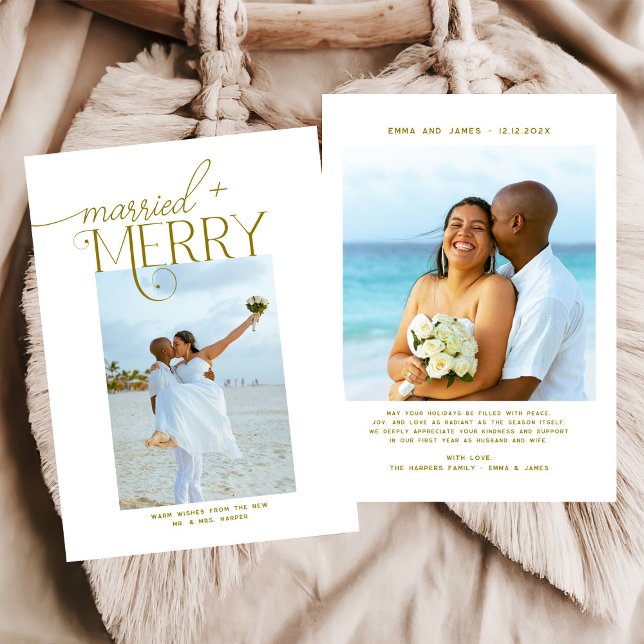 Merry and Married Script Photo Christmas Newlyweds Holiday Card (Creator Uploaded)