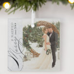 Merry and Married Script Vertical Photo Snowflake  Glass Ornament<br><div class="desc">Merry & Married photo ornament with vertical photo, elegant calligraphy and delicate white snowflakes on a silver grey border. The photo template is ready for you to add your photo, and your wedding year. If you have any problems with placement, try cropping your pic to a portrait format and re-uploading...</div>