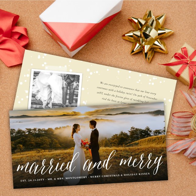 Merry And Married Simple Script Photo Wedding  Holiday Card (Creator Uploaded)