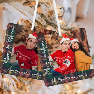 Merry and Married Tartan plaid Family Photo Metal Ornament