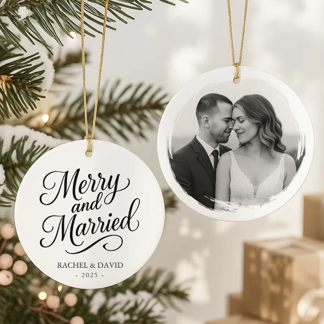 Merry and Married – Two-Sided Wedding Photo Ceramic Ornament (Creator Uploaded)