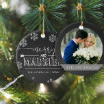 Merry And Married Typography First Christmas Photo Ceramic Ornament<br><div class="desc">Merry And Married Typography First Christmas Photo Ceramic Ornament . MERRY and MARRIED written in white fun font on a black background with snow flakes , makes the Christmas Ornament look elegant and very festive. The design can be fully customized by changing the photo and the text. For any further...</div>