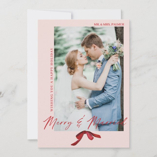 Merry and Married Watercolor Red Bow Holiday Card (Front)