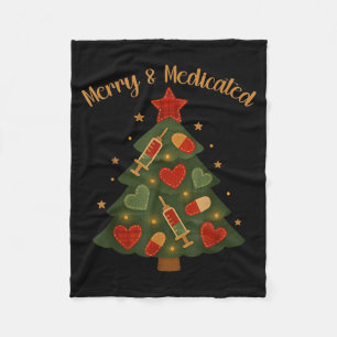 Merry And Medicated Rn Nurse Christmas Tree Funny Fleece Blanket