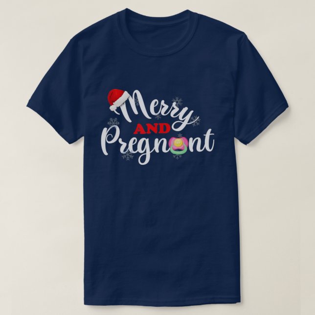 Merry And Pregnant Christmas Pregnancy Announcemen T-Shirt (Design Front)