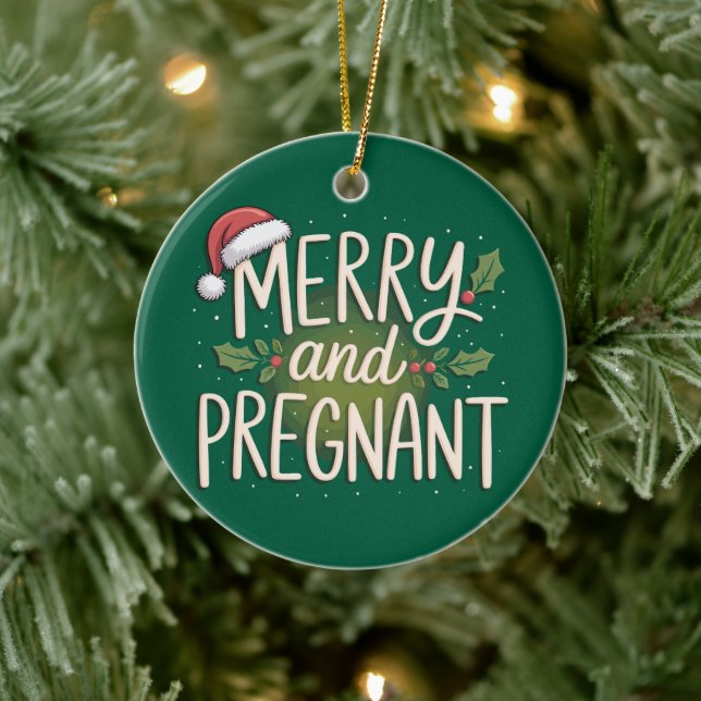 Merry and Pregnant Xmas Pregnancy Announcement Ceramic Ornament (Tree)